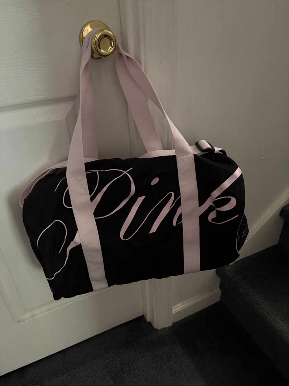 PINK Victoria's Secret Black & Light Pink Canvas Mini Duffel Bag